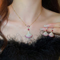 18K Gold Plated Copper Zircon Fan Stud Earrings Necklace Jewelry Set, Minimalist Luxury Style view 2