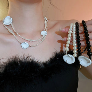 New Chinese Style Floral Necklace With White Enamel Plum Blossom Black Agate And Faux Pearl