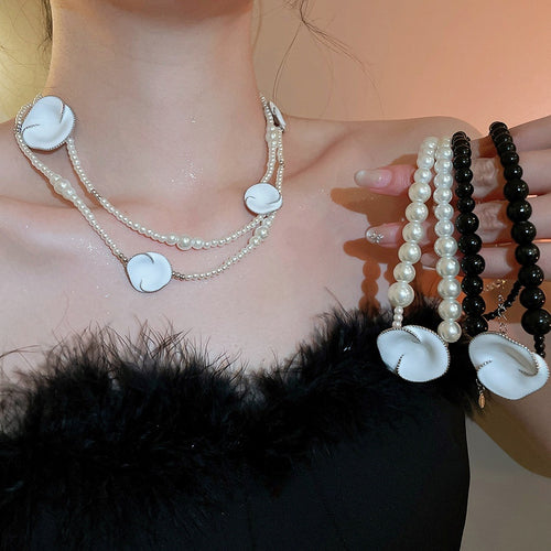 New Chinese Style Floral Necklace With White Enamel Plum Blossom Black Agate And Faux Pearl
