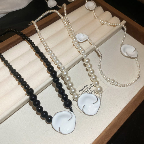 New Chinese Style Floral Necklace With White Enamel Plum Blossom Black Agate And Faux Pearl