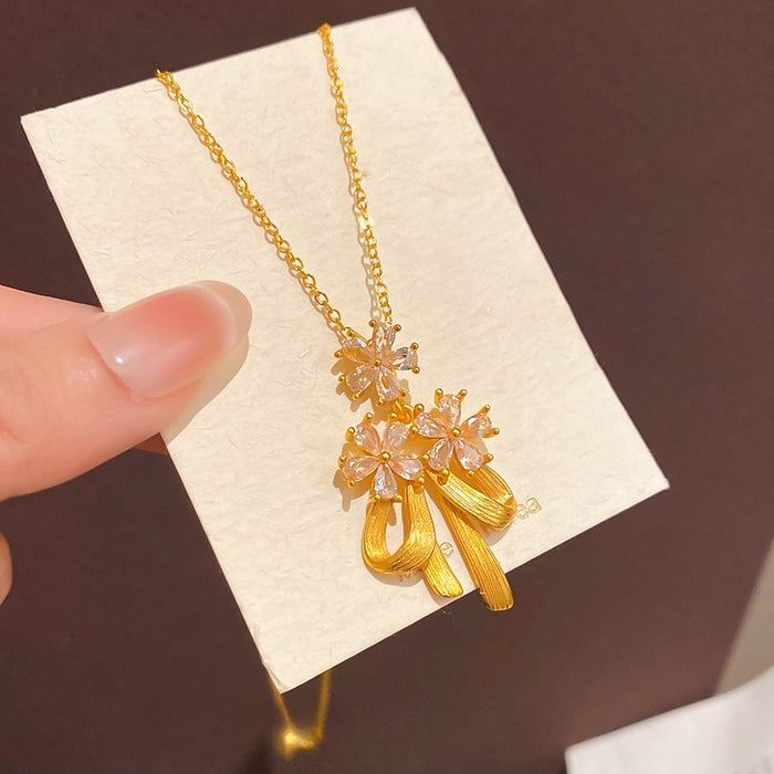 Light Luxury Copper Bow Flower Pendant Necklace, French Elegant Collarbone Choker For Women