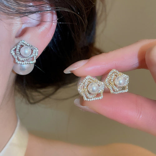 Light Luxury Gold Plated Floral Zircon Faux Pearl Stud Earrings With Silver Posts For Women