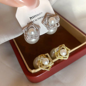 Light Luxury Gold Plated Floral Zircon Faux Pearl Stud Earrings With Silver Posts For Women