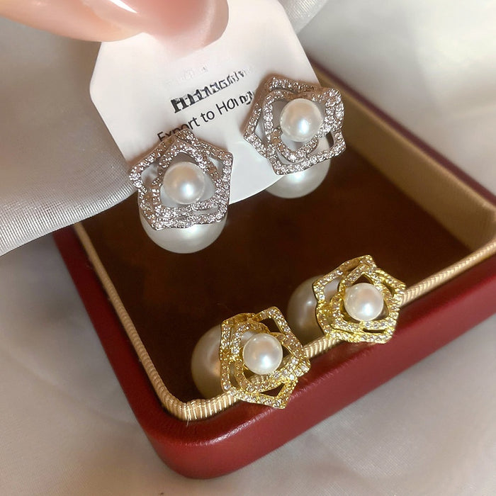 Light Luxury Gold Plated Floral Zircon Faux Pearl Stud Earrings With Silver Posts For Women