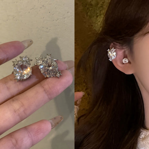 Light Luxury Copper Sparkling Snowflake Floral Clip-on Earrings For Non-Pierced Ears