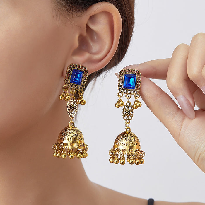 Vintage Ethnic Blue Crystal Square Alloy Jhumka Tassel Bells Bohemian Luxury Drop Earrings
