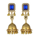 Vintage Ethnic Blue Crystal Square Alloy Jhumka Tassel Bells Bohemian Luxury Drop Earrings view 5