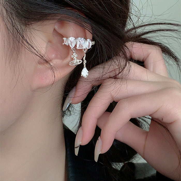 Light Luxury Copper Saturn Zircon Star Geometric Clip-on Earrings For Women