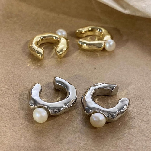 French Pleated Round Faux Pearl Clip-on Earrings for Women Minimalist Geometric Ear Cuff Jewelry
