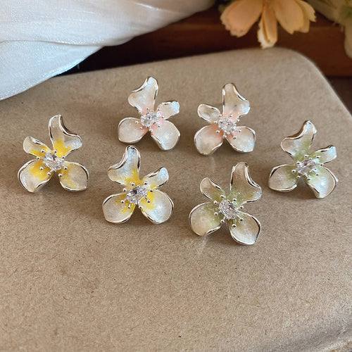 Elegant Pastoral Copper Flower Stud Earrings With Zircon Enamel And Silver Pins