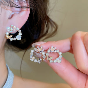 18K Gold Plated Copper Butterfly Stud Earrings With Silver Pins, Zircon Accents And Round Pearls