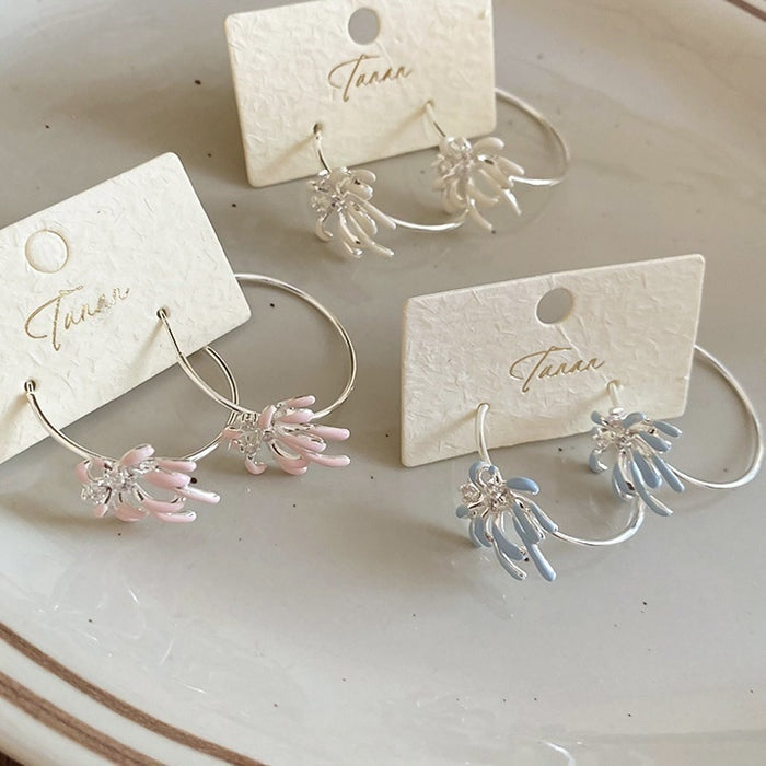 Copper Silver Needle Floral Zircon Firework Hoop Earrings With Enamel Oil Sweet OL Style