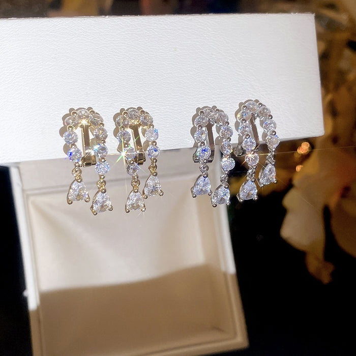 18K Gold Plated Copper Zircon Waterdrop Tassel Geometric Clip-on Earrings For Women