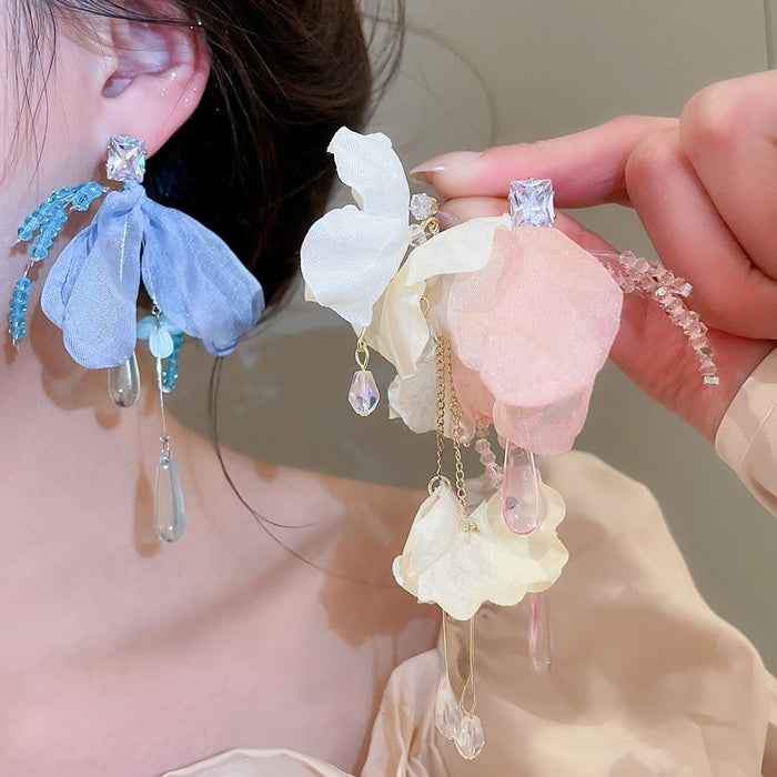 Silver Needle Zircon Crystal Flower Drop Stud Earrings Summer Beach Vacation Fresh Style