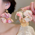 Fabric Flower Tassel Drop Earrings With Silver Needle, Island Vacation Floral Stud Style view 1