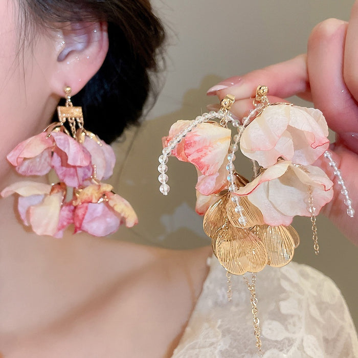 Fabric Flower Tassel Drop Earrings With Silver Needle, Island Vacation Floral Stud Style