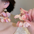 Fabric Flower Tassel Drop Earrings With Silver Needle, Island Vacation Floral Stud Style view 3