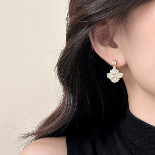 14K Gold Plated Copper Leaf Stud Earrings With Silver Pins And Full Zircon Luxury Style