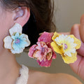 Iron Fabric Flower Stud Earrings With Steel Pins, Enamel Floral Beach Vacation Style view 2