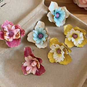 Iron Fabric Flower Stud Earrings With Steel Pins, Enamel Floral Beach Vacation Style