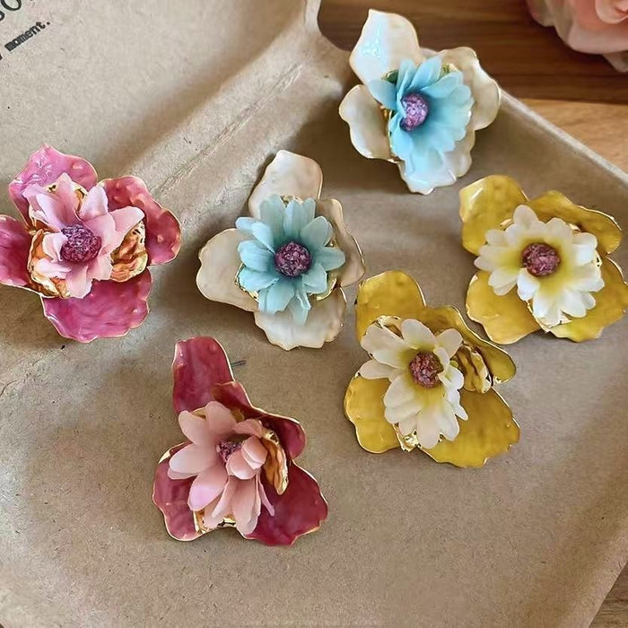 Iron Fabric Flower Stud Earrings With Steel Pins, Enamel Floral Beach Vacation Style