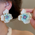 Iron Fabric Flower Stud Earrings With Steel Pins, Enamel Floral Beach Vacation Style view 4