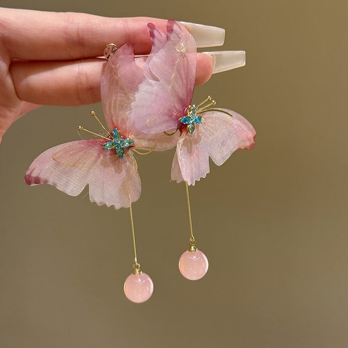 Elegant Fabric Butterfly Tassel Drop Earrings With Silver Needles And Rhinestone Accents