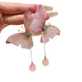 Elegant Fabric Butterfly Tassel Drop Earrings With Silver Needles And Rhinestone Accents view 5