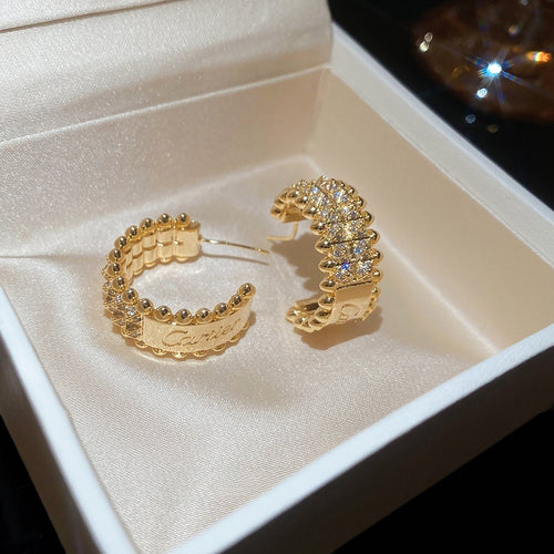 18K Gold Plated Copper C Shape Zircon Stud Earrings With Silver Pins For Daily Wear