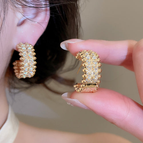 18K Gold Plated Copper C Shape Zircon Stud Earrings With Silver Pins For Daily Wear