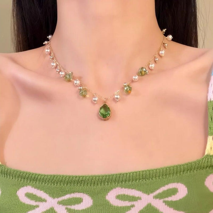 Old Money Faux Pearl Crystal Tassel Teardrop Necklace, Court Style Light Luxury Collarbone Chain
