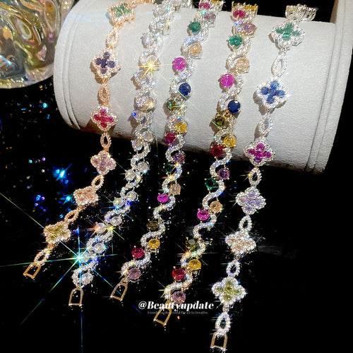 18K Gold Plated Copper Zircon Flower Clasp Bracelet, Light Luxury Geometric Round Elegant Bangle