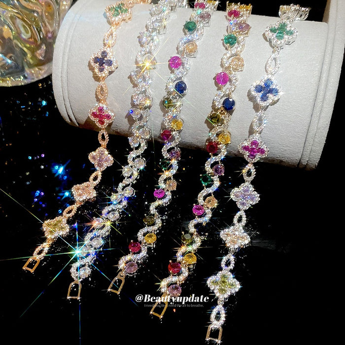 18K Gold Plated Copper Zircon Flower Clasp Bracelet, Light Luxury Geometric Round Elegant Bangle
