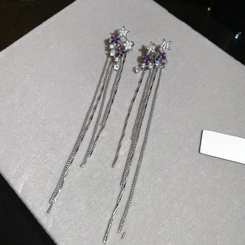 Copper Zircon Star Tassel Clip On Earrings For Women Korean Minimalist No Piercing Ear Cuff