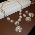 French Vintage Court Style Alloy Round Pearl Rhinestone Stud Earrings Necklace Jewelry Set view 3