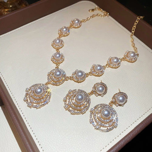 French Vintage Court Style Alloy Round Pearl Rhinestone Stud Earrings Necklace Jewelry Set