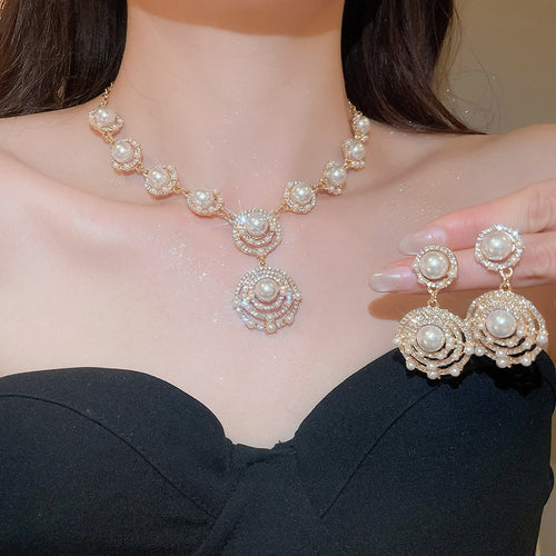 French Vintage Court Style Alloy Round Pearl Rhinestone Stud Earrings Necklace Jewelry Set