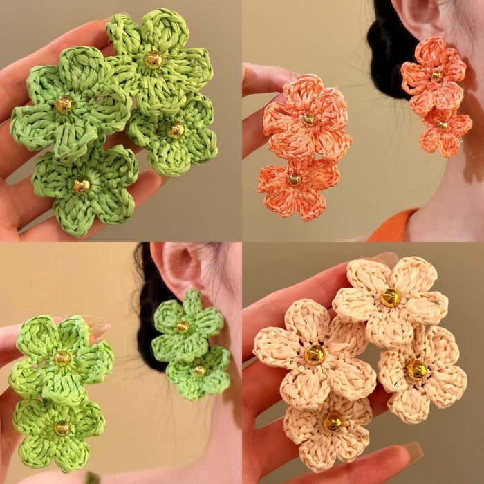 Copper Raffia Flower Stud Earrings Simple Island Summer Vacation Style Niche Jewelry for Women