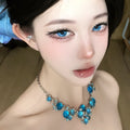 Blue Crystal Flower Resin Necklace for Women, Court Style Light Luxury Collarbone Jewelry view 2