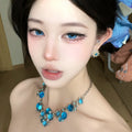 Blue Crystal Flower Resin Necklace for Women, Court Style Light Luxury Collarbone Jewelry view 3