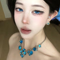 Blue Crystal Flower Resin Necklace for Women, Court Style Light Luxury Collarbone Jewelry view 4