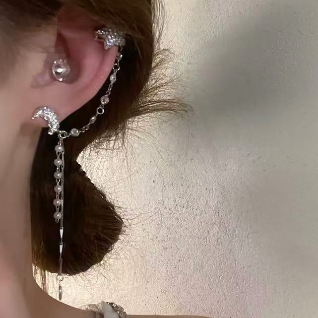 Copper Zircon Moon Star Clip-on Earrings Light Luxury Playful Star Design for Women