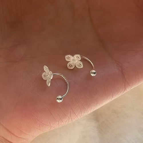 Silver Tone Copper Four Leaf Clover U-Shaped Double Hole Screw Back Stud Earrings Minimalist Floral Ear Jewelry