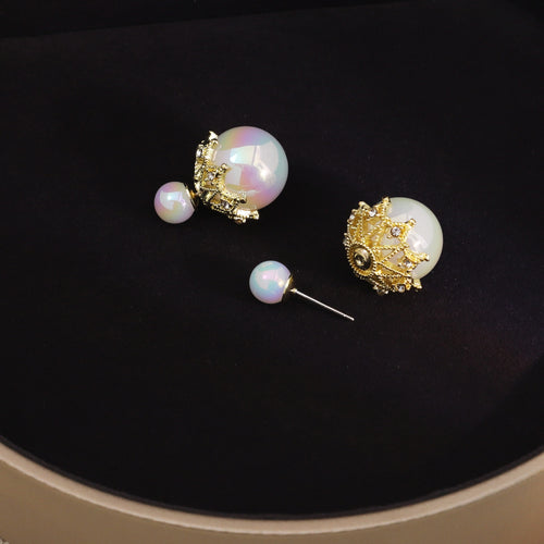 Luxury Crown Mermaid Pearl Double Sided Studs For Women, Gold Alloy Rhinestone Front Back Earrings
