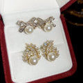 Light Luxury Zircon Bow Faux Pearl Stud Earrings With Silver Pin For Commuter Style view 3