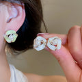 Twisted Flower Faux Pearl Stud Earrings With Enamel Drip, Versatile Light Luxury Office Style view 2