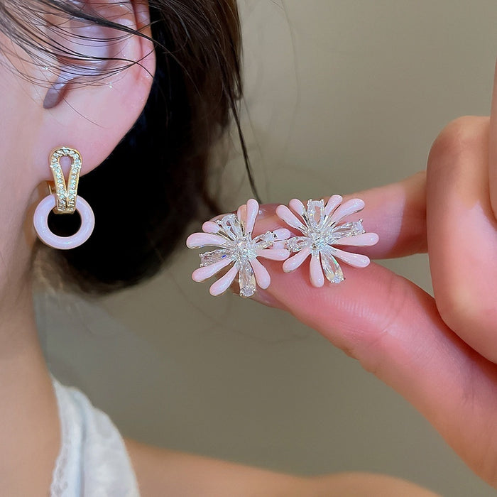 Korean Style Copper Enamel Zircon Firework Stud Earrings, Light Luxury Geometric Round Jewelry