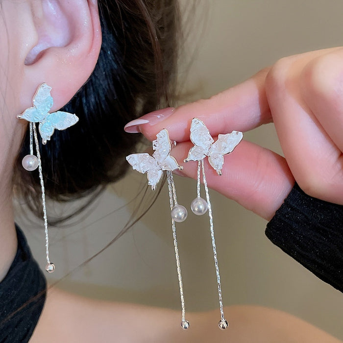 Gradient Crystal Butterfly Drop Stud Earrings With Silver Posts Light Luxury Elegant Women Earrings