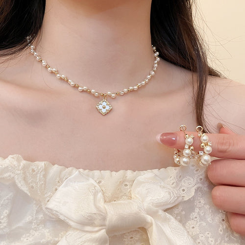 French Style Zircon Flower Faux Pearl Necklace Bracelet Earrings Jewelry Set