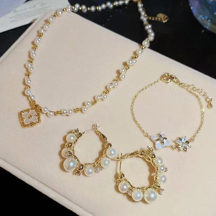 French Style Zircon Flower Faux Pearl Necklace Bracelet Earrings Jewelry Set